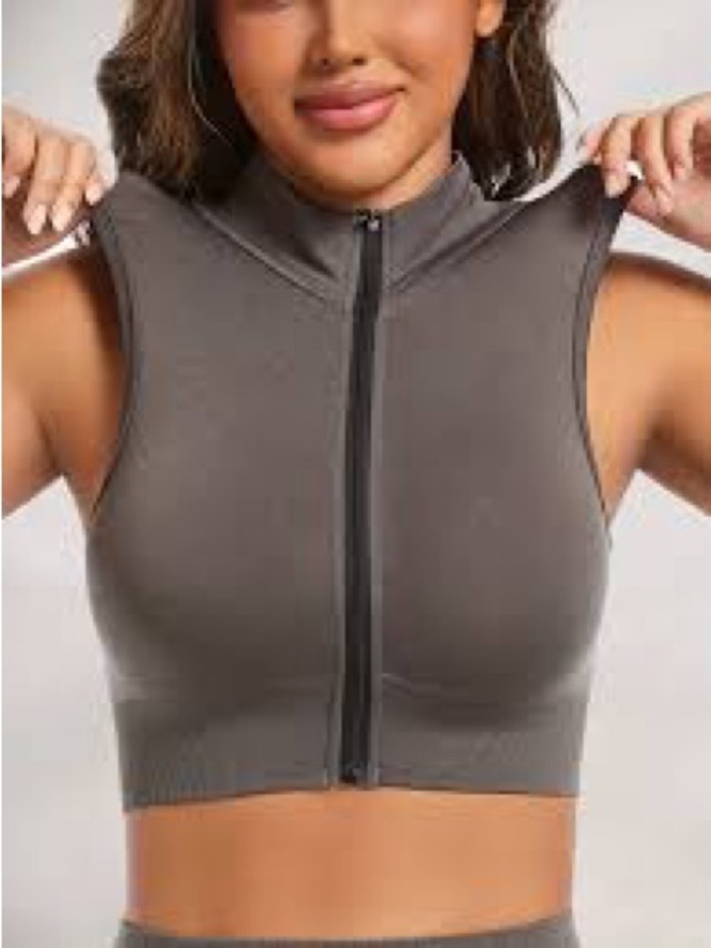 Sleeveless Zip-Front Crop Tank Top - Gray